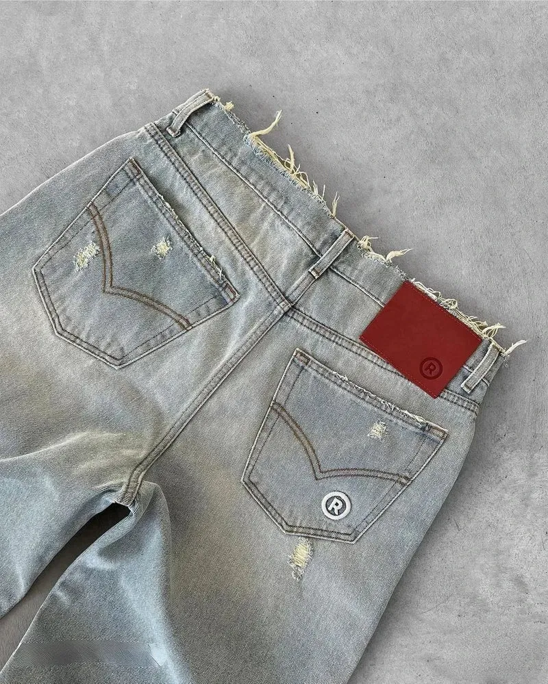 Straight Jeans Distressed Men Jean Ripped Holes Washed Denim Pants Ankle Length Loose Solid Zipper Fly Pockets Casual 2025