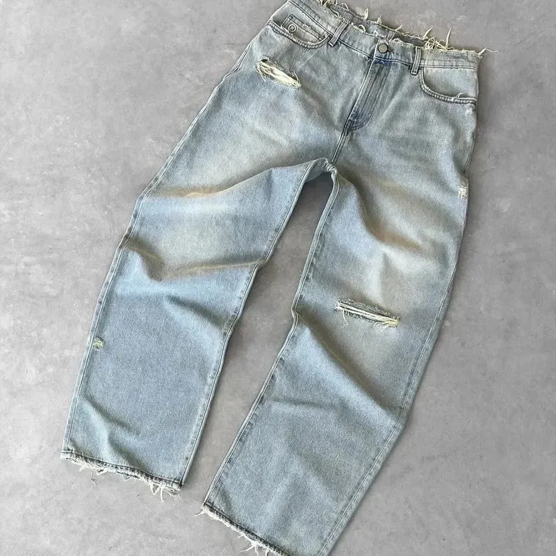 Straight Jeans Distressed Men Jean Ripped Holes Washed Denim Pants Ankle Length Loose Solid Zipper Fly Pockets Casual 2025