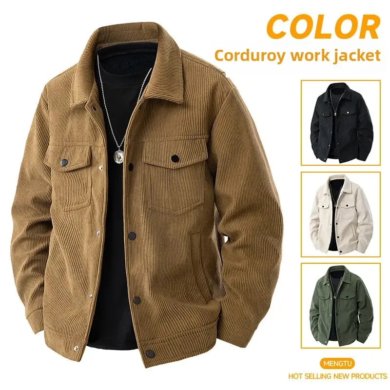 Spring and Autumn men's corduroy lapel jacket 2025 men's new American retro brand loose and handsome multi-pocket cargo jacket