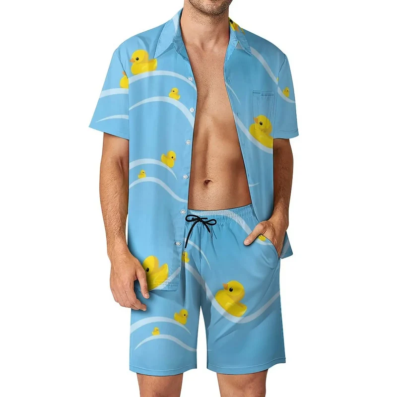 Summer Yellow Rubber Duck 3D Print Men Shirt Sets Short Sleeve Shirt Oversized Beach Shorts Streetwear Hawaiian Suits Clothes
