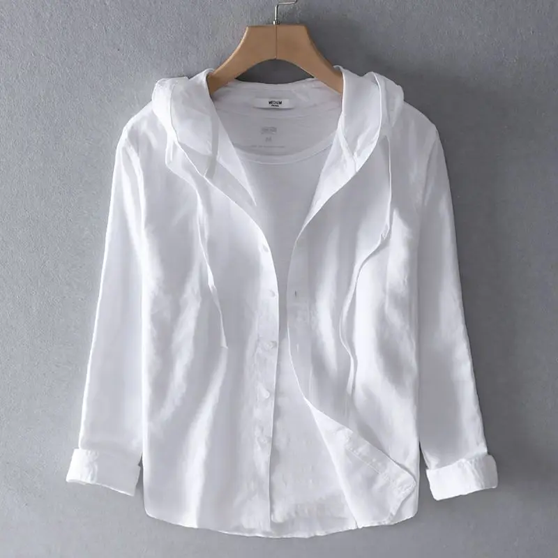Spring Summer New Hooded Long-sleeved Solid Inen Shirt Trendy Men's Thin Loose Youth Fashionable Cotton Linen Sunscreen Shirt