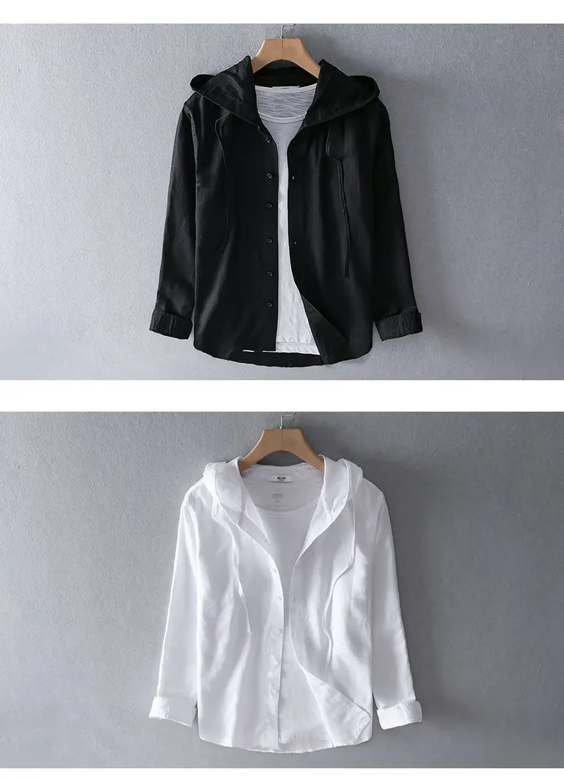 Spring Summer New Hooded Long-sleeved Solid Inen Shirt Trendy Men's Thin Loose Youth Fashionable Cotton Linen Sunscreen Shirt