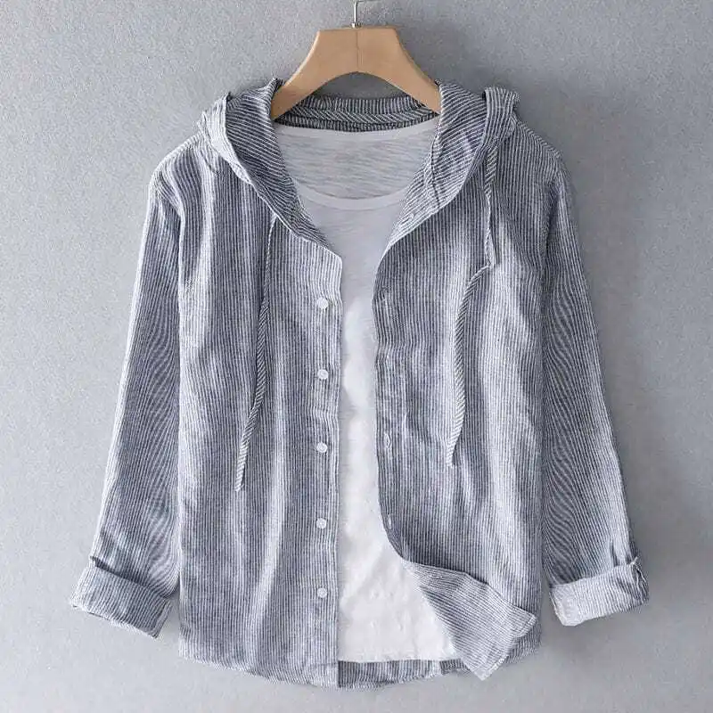 Spring Summer New Hooded Long-sleeved Solid Inen Shirt Trendy Men's Thin Loose Youth Fashionable Cotton Linen Sunscreen Shirt