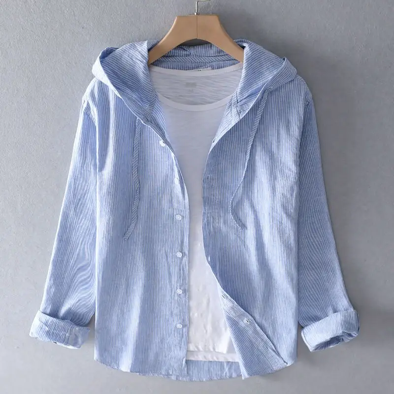 Spring Summer New Hooded Long-sleeved Solid Inen Shirt Trendy Men's Thin Loose Youth Fashionable Cotton Linen Sunscreen Shirt