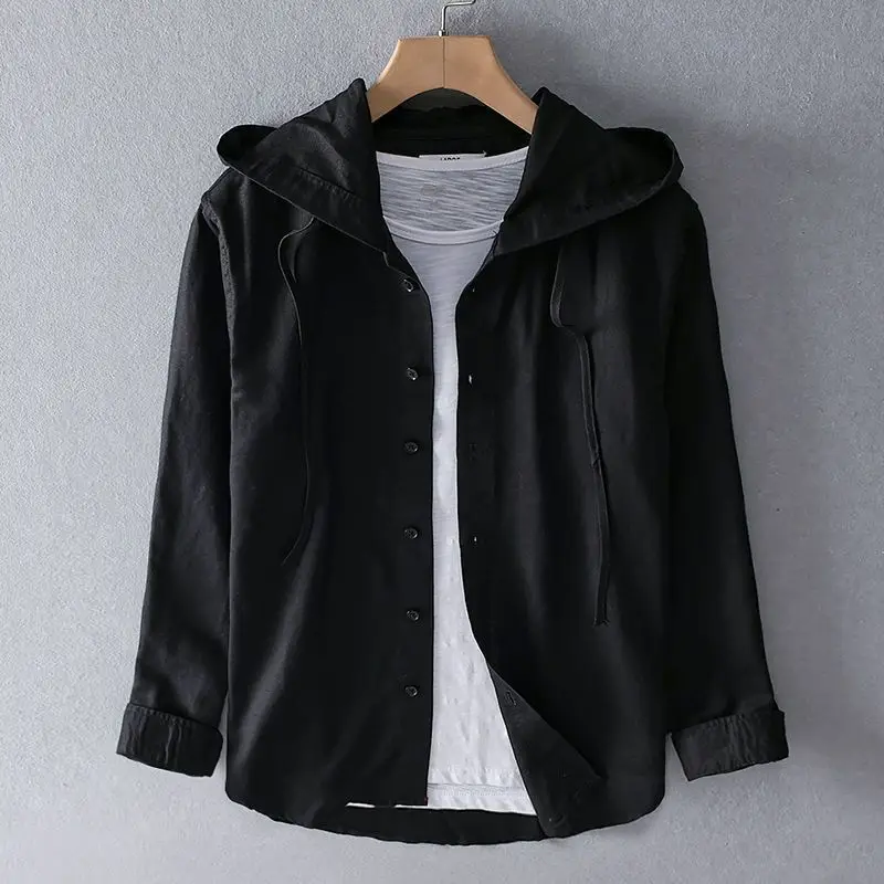 Spring Summer New Hooded Long-sleeved Solid Inen Shirt Trendy Men's Thin Loose Youth Fashionable Cotton Linen Sunscreen Shirt