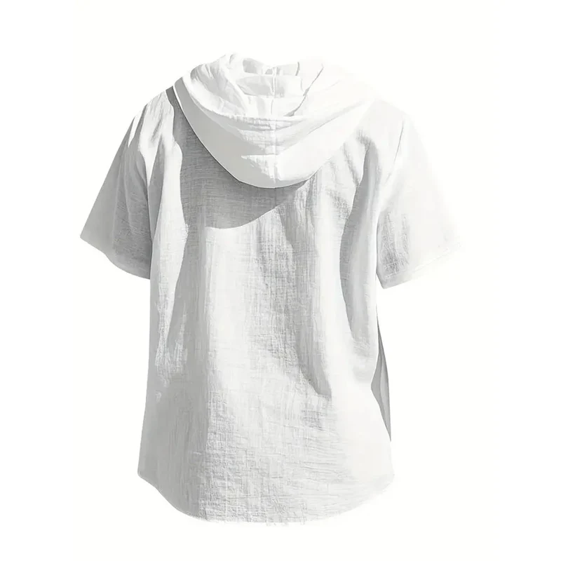 Cotton Linen Shirt for Men Hooded Short Sleeve Solid Color Breathable Lightweight Drawstring Design Shirts Casual Basic Tees