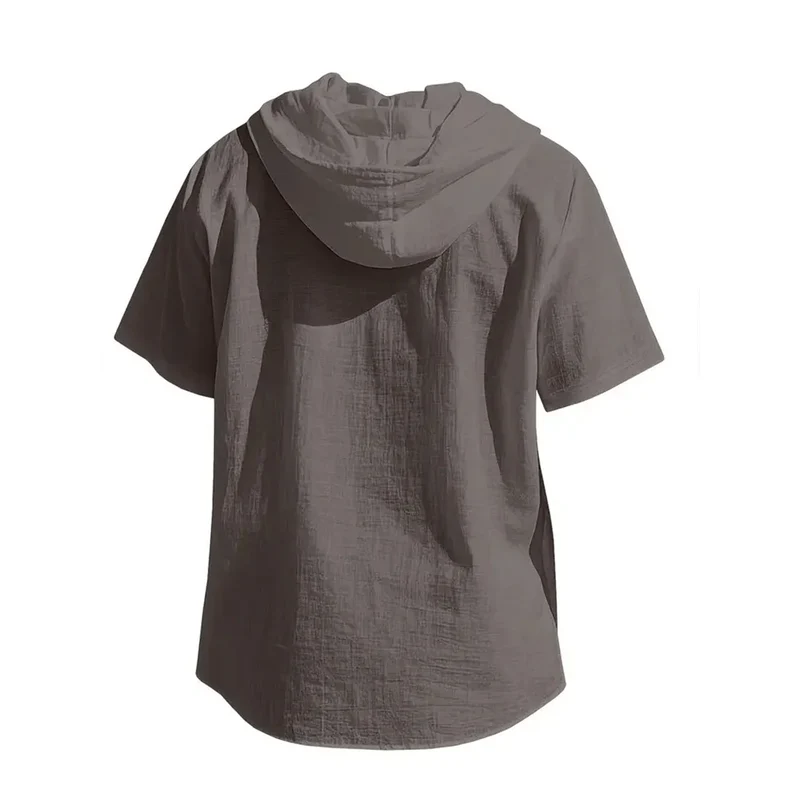 Cotton Linen Shirt for Men Hooded Short Sleeve Solid Color Breathable Lightweight Drawstring Design Shirts Casual Basic Tees