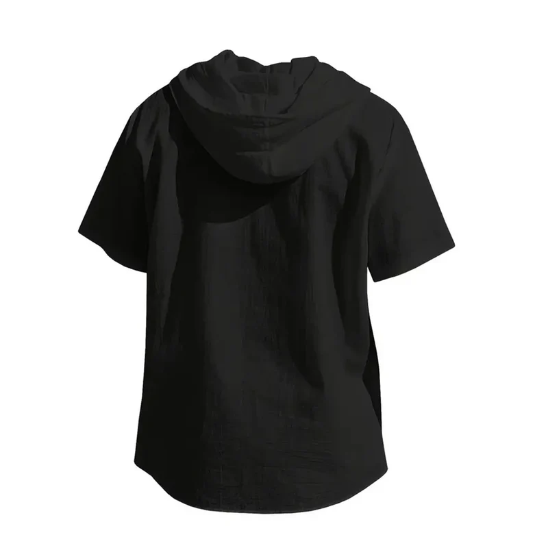 Cotton Linen Shirt for Men Hooded Short Sleeve Solid Color Breathable Lightweight Drawstring Design Shirts Casual Basic Tees