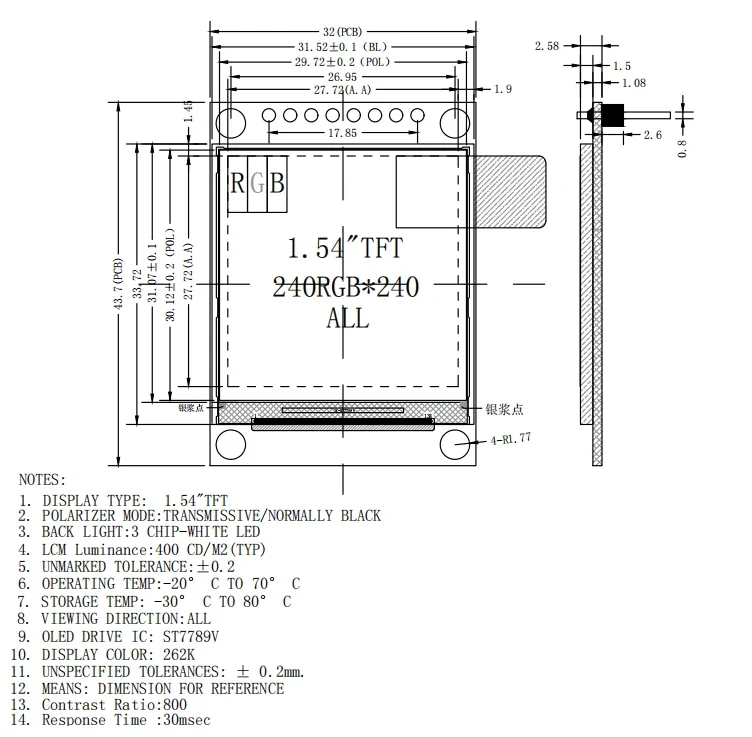 1.54 Inch 1.54" Full Color TFT Display Module HD IPS LCD LED Screen 240x240 SPI Interface ST7789 For Arduino