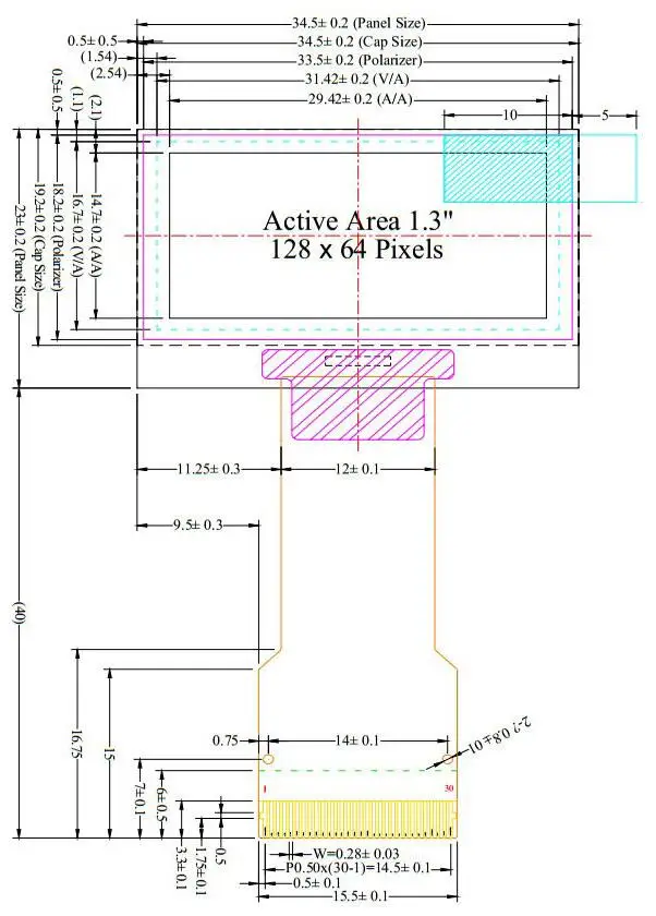 1.3 inch OLED Screen 1.3" 12864 LCD LED Display Module 128x64 SH1106 SPI/I2C Parallel Interface White/Blue 16Pin/30Pin Connector