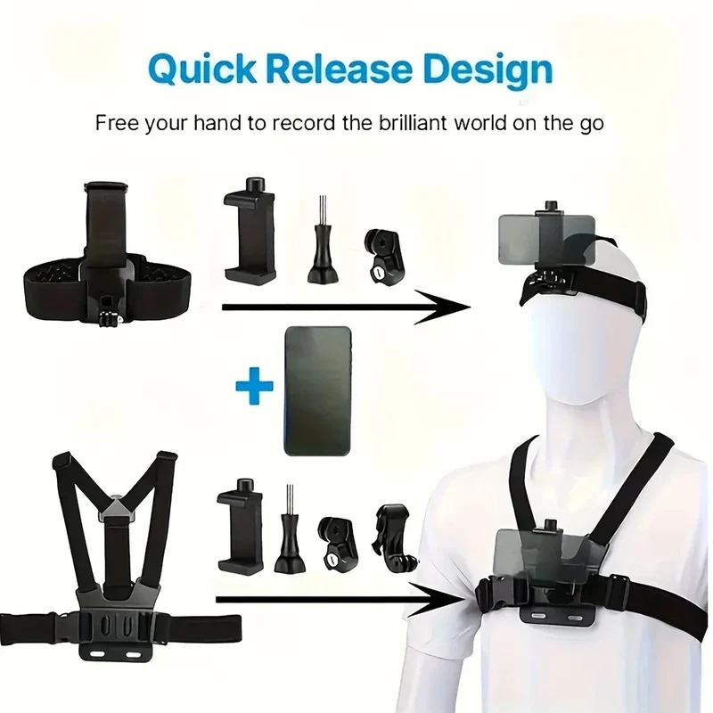 Action Camera Accessories Kit Head Strap Chest Strap Mount Adjustable Holder for GoPro Phone DJI Osmo SJCAM AKASO insta360