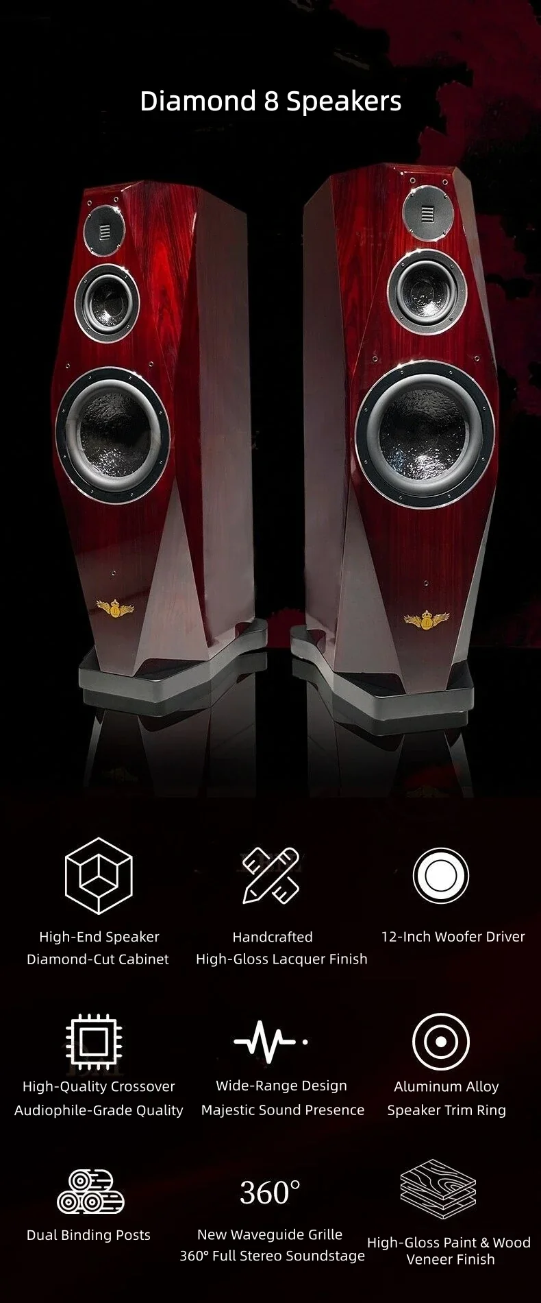 BL-8 Diamond 8 Flagship Hi-Fi Floor Standing Speakers, Audiophile High-End Passive Tower System for Home Audio