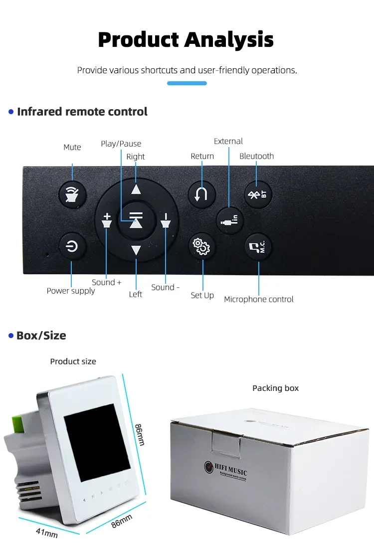 2.8inch Bluetooth Wall Amplifier Touch Screen Mini Stereo Amp Home Theater Sound System Audio Support Fm Radio Aux for Residenti