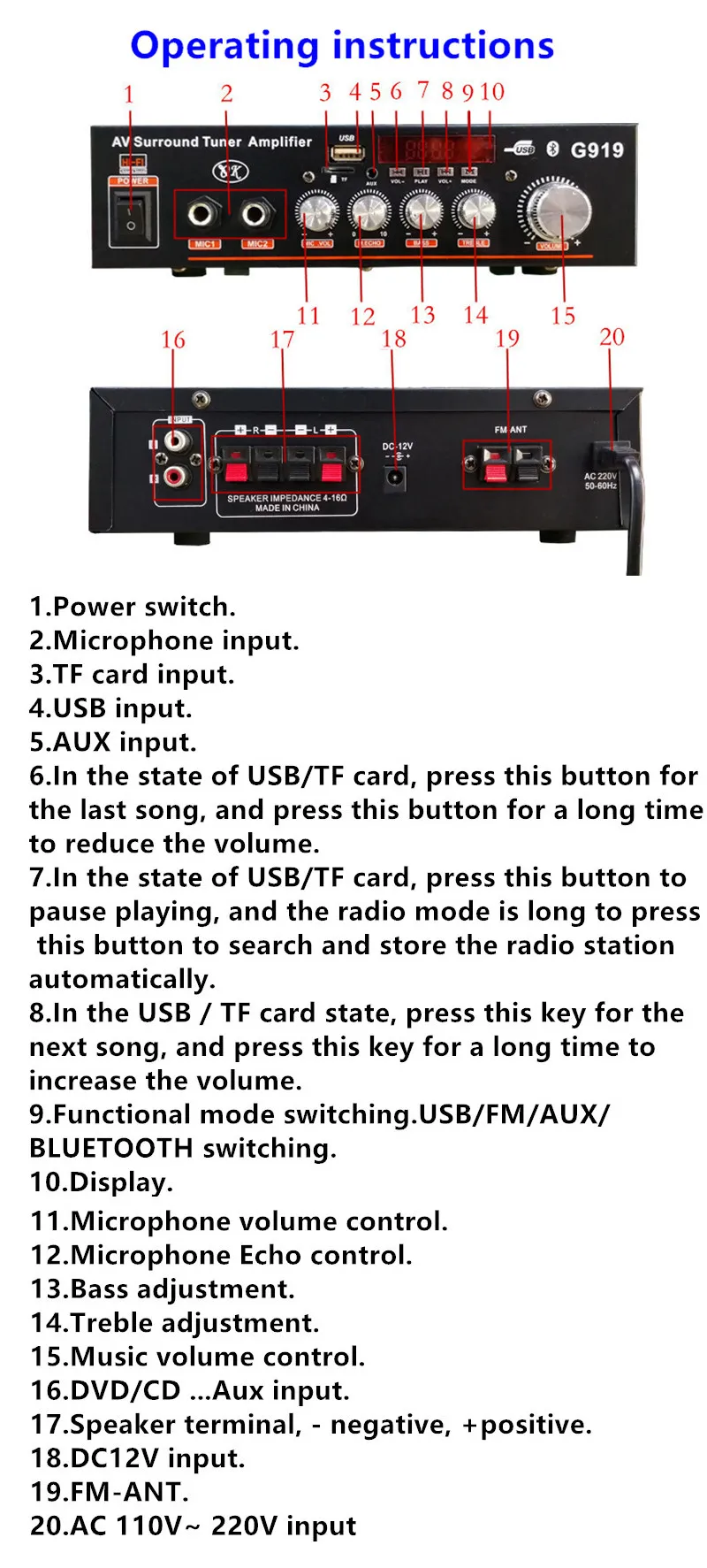 G919H 1000W Home Power Amplifiers Audio Bluetooth Amplificador Subwoofer Speakers Theater Audio Sound System FM USB 110V/220V