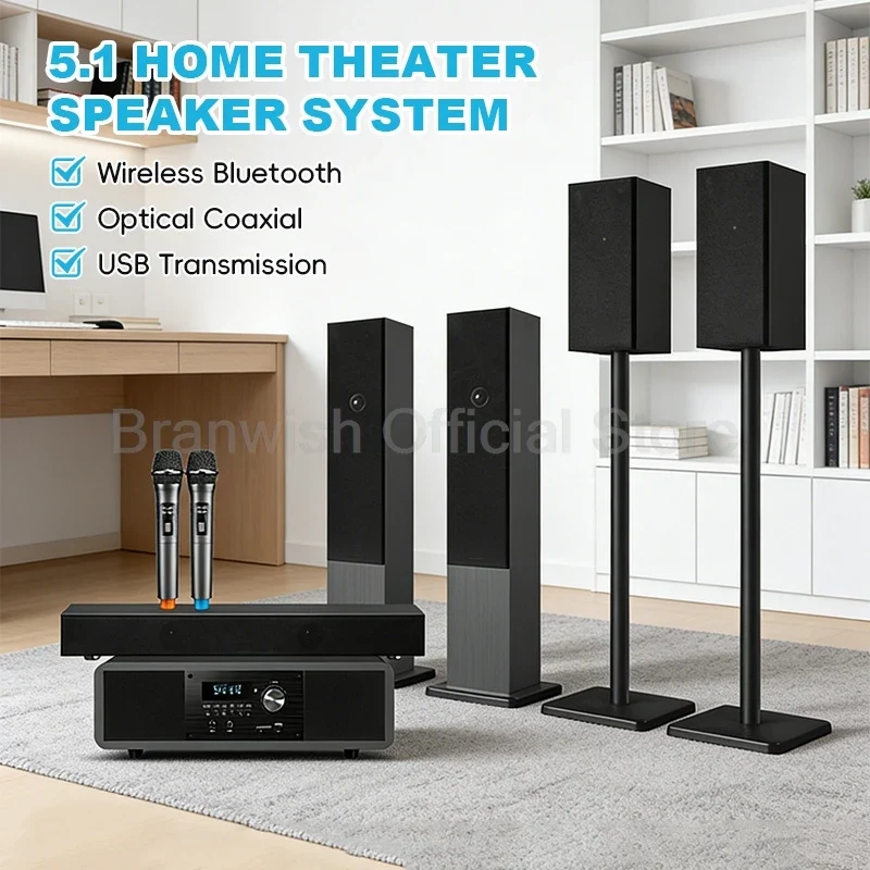 5.1 Channel Home Theater System 200W Peak Power Subwoofer Bluetooth 5.0 Wireless Microphone Wall Mount Speakers For Home KTV