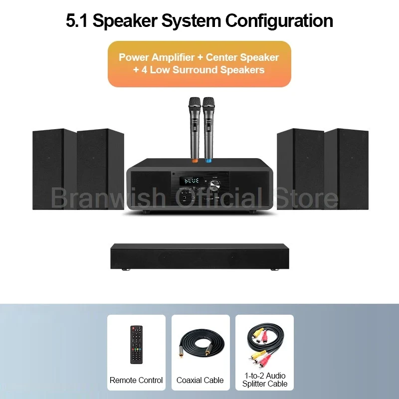 5.1 Channel Home Theater System 200W Peak Power Subwoofer Bluetooth 5.0 Wireless Microphone Wall Mount Speakers For Home KTV