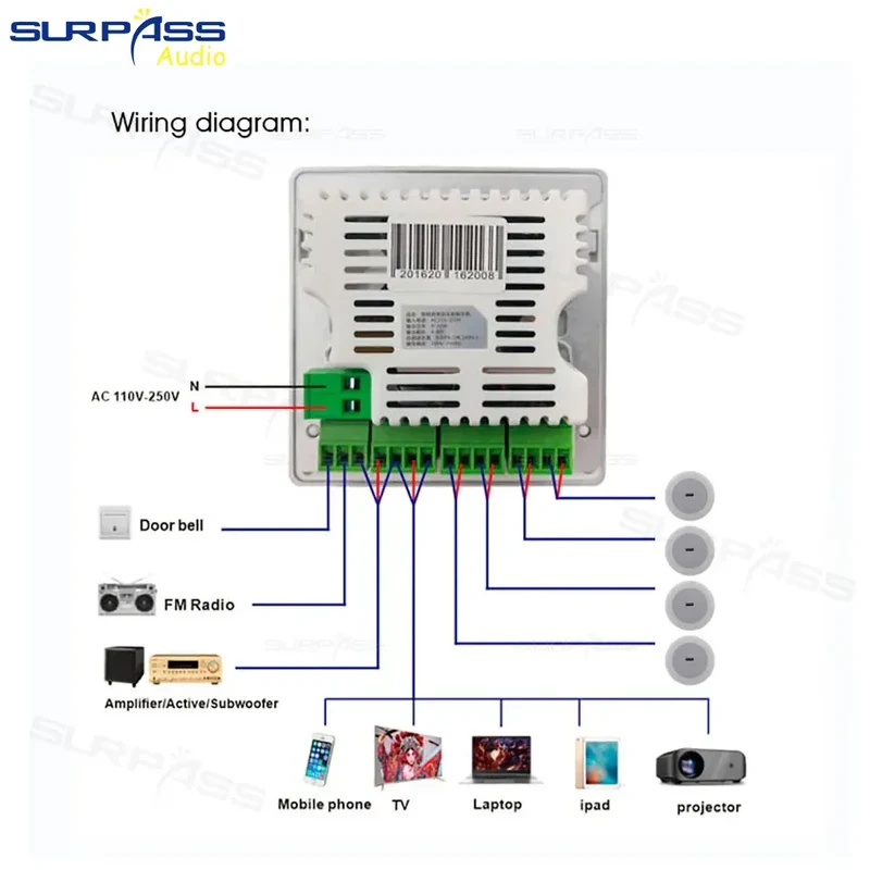 Bluetooth Wall Amplifier Smart Home Audio Mini Touch Screen 4*20W Stereo Sound Music PA System Loudspeaker Ceiling Speaker suit
