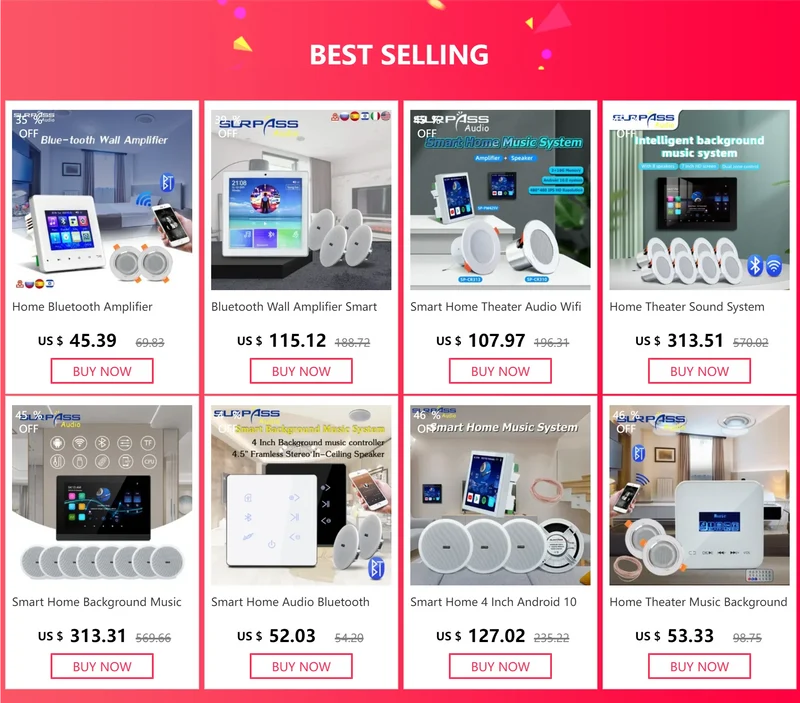 Bluetooth Wall Amplifier Smart Home Audio Mini Touch Screen 4*20W Stereo Sound Music PA System Loudspeaker Ceiling Speaker suit