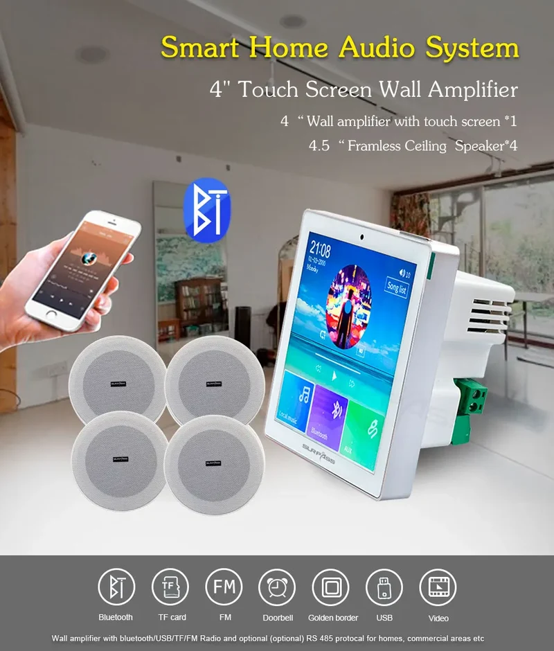 Bluetooth Wall Amplifier Smart Home Audio Mini Touch Screen 4*20W Stereo Sound Music PA System Loudspeaker Ceiling Speaker suit