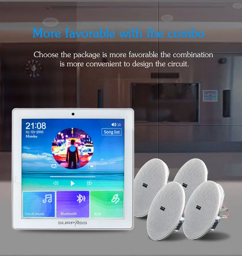 Bluetooth Wall Amplifier Smart Home Audio Mini Touch Screen 4*20W Stereo Sound Music PA System Loudspeaker Ceiling Speaker suit