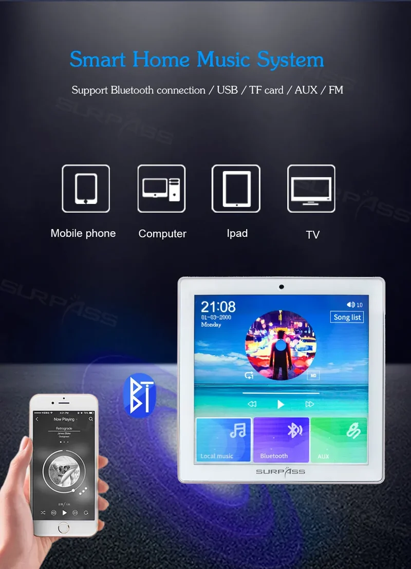 Bluetooth Wall Amplifier Smart Home Audio Mini Touch Screen 4*20W Stereo Sound Music PA System Loudspeaker Ceiling Speaker suit