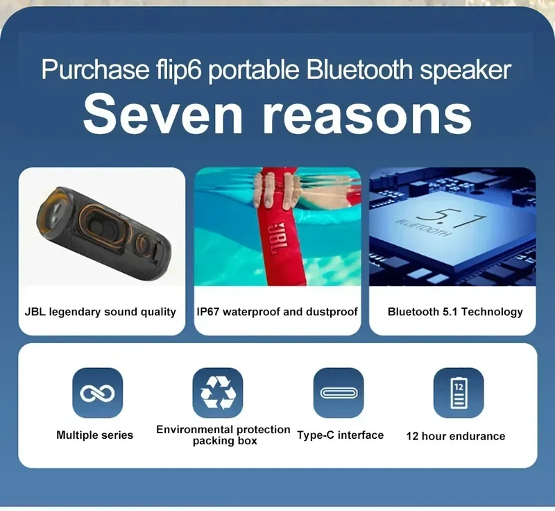 JBL FLIP 6 Wireless Bluetooth Speaker Portable IPX7 FLIP6 Waterproof Outdoor Stereo Bass Music Track Speaker Independent Tweeter