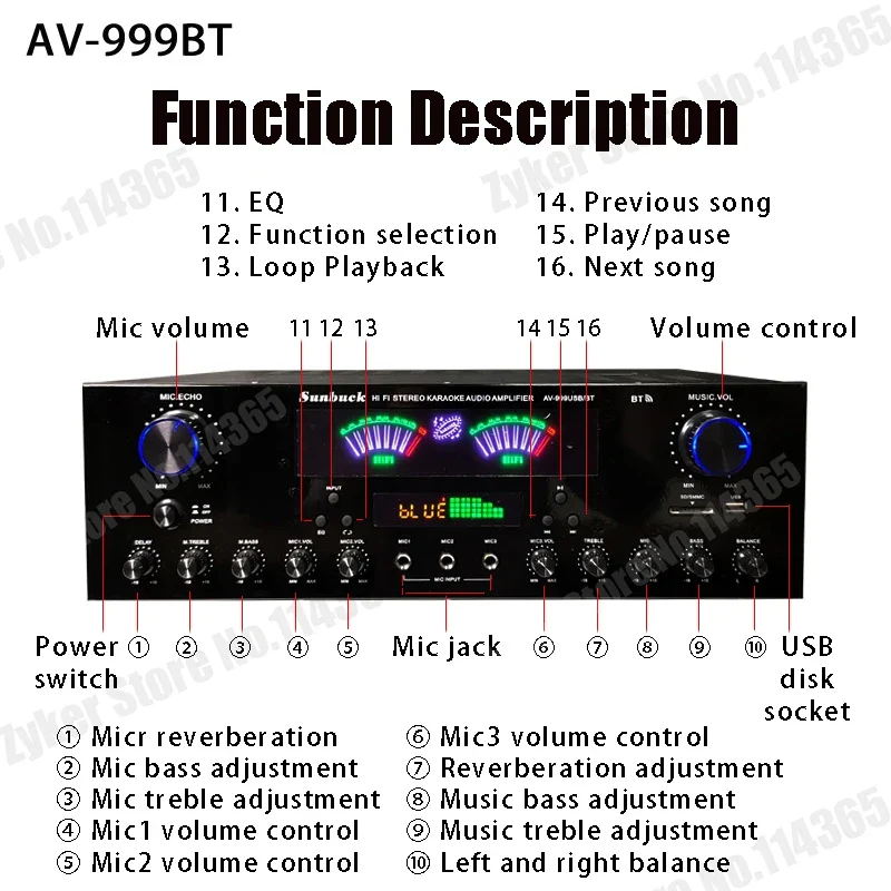 AV-555BT/999BT Max 4000W Bluetooth Sound Amplifiers Dual Dynamic Screen HiFi Digital Stereo Amplify For Home Car Theatre Karaoke