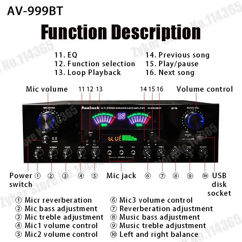 AV-555BT/999BT Max 4000W Bluetooth Sound Amplifiers Dual Dynamic Screen HiFi Digital Stereo Amplify For Home Car Theatre Karaoke