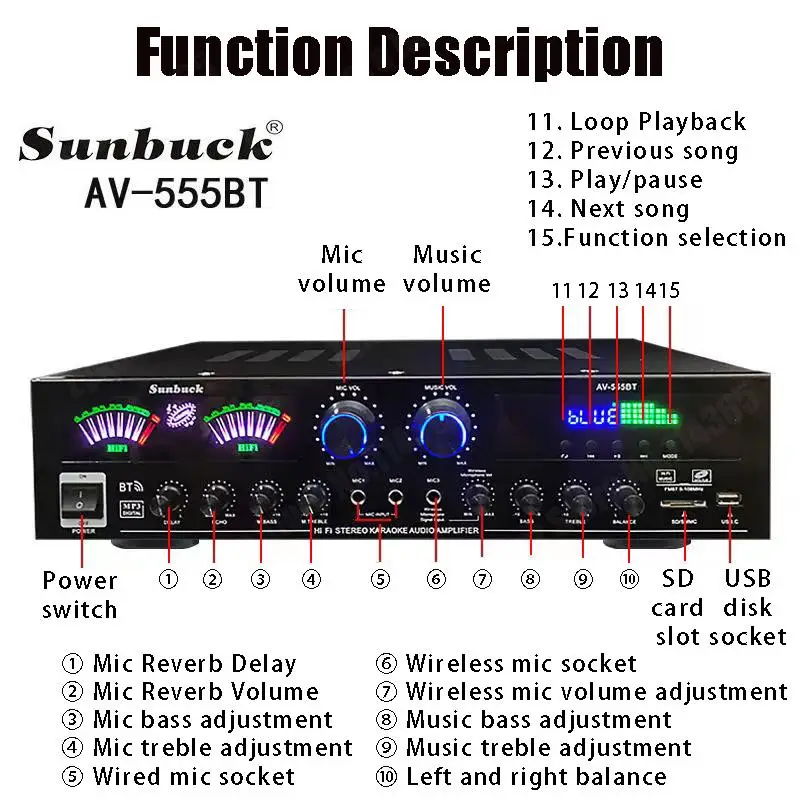 AV-555BT/999BT Max 4000W Bluetooth Sound Amplifiers Dual Dynamic Screen HiFi Digital Stereo Amplify For Home Car Theatre Karaoke