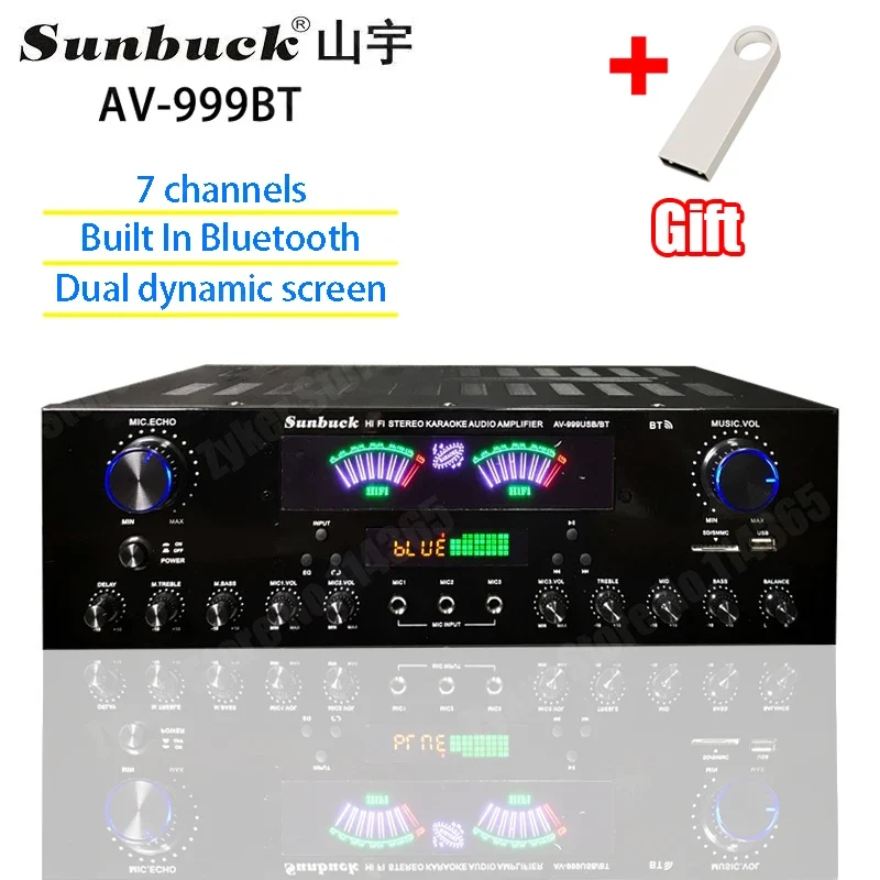 AV-555BT/999BT Max 4000W Bluetooth Sound Amplifiers Dual Dynamic Screen HiFi Digital Stereo Amplify For Home Car Theatre Karaoke