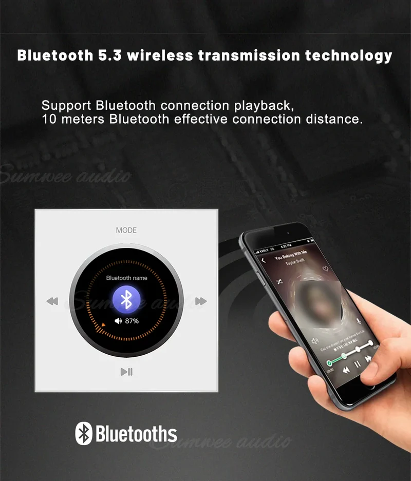 Home Background music player system audio in wall power amplifier bluetooths TF USB FM radio AUX controls panel ceiling speakers