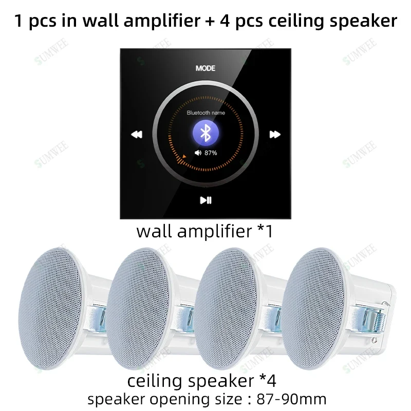 Home Background music player system audio in wall power amplifier bluetooths TF USB FM radio AUX controls panel ceiling speakers