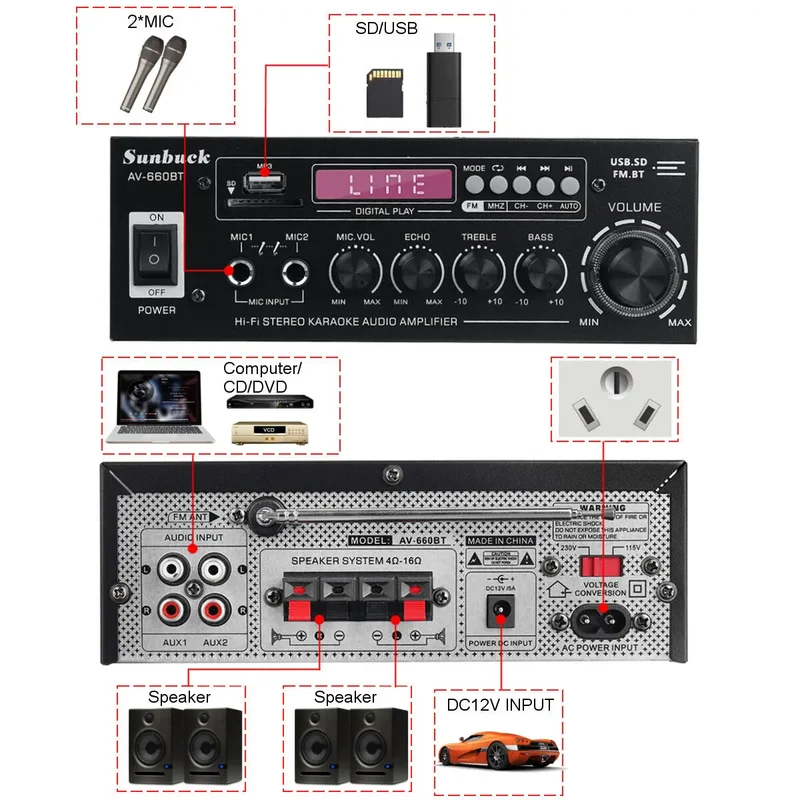 AK35/AV-660BT Audio Power Amplifiers 2 Channel Bluetooth-Compatible HIFI Sound Amplificador 110/220V Home Theater Sound System