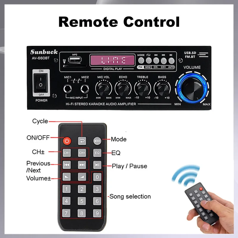 AK35/AV-660BT Audio Power Amplifiers 2 Channel Bluetooth-Compatible HIFI Sound Amplificador 110/220V Home Theater Sound System