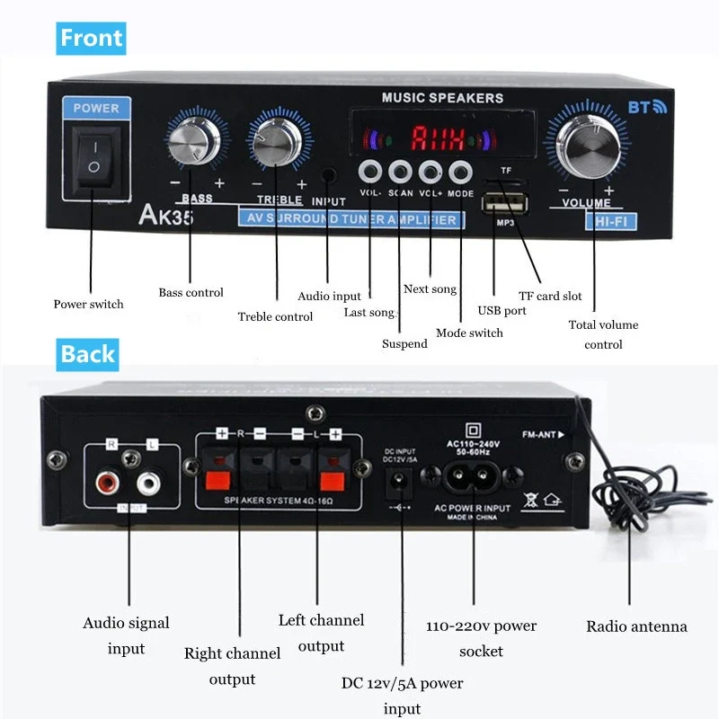 AK35/AV-660BT Audio Power Amplifiers 2 Channel Bluetooth-Compatible HIFI Sound Amplificador 110/220V Home Theater Sound System