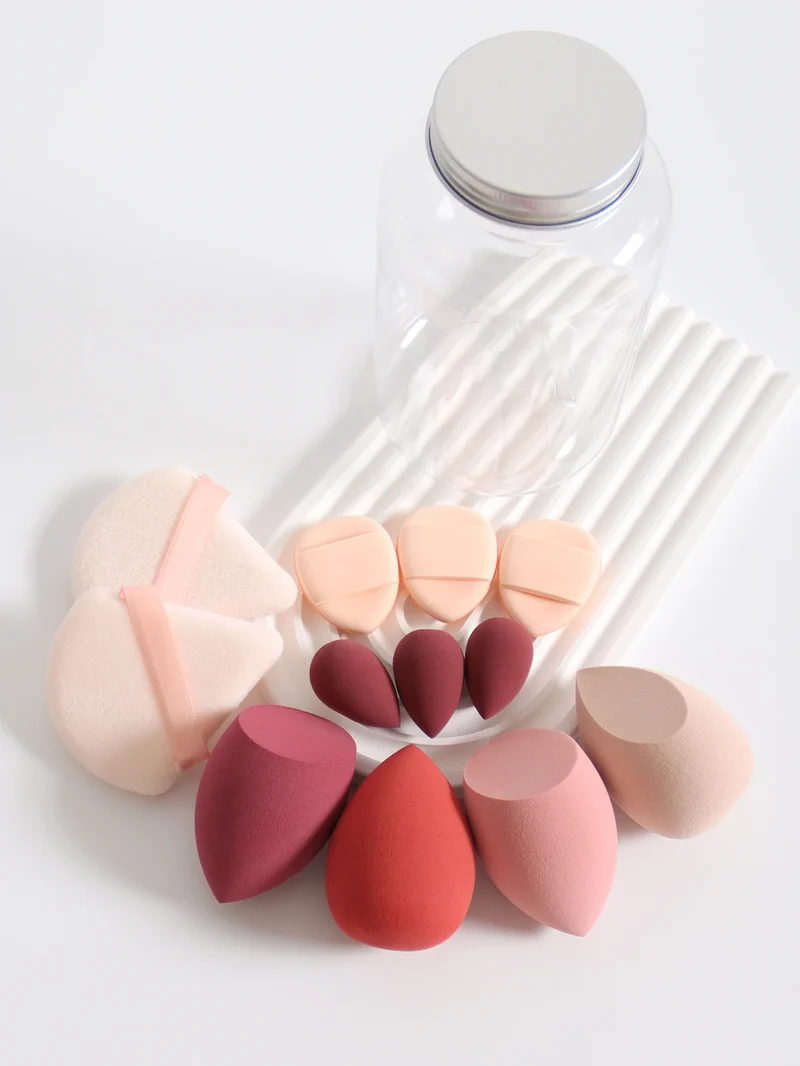 12Pcs Makeup Sponge Set with Storage Jar Latex-Free, Makeup Sponge Finger Puff, Dual-Use Wet & Dry Foundation Cosmetic Puffs