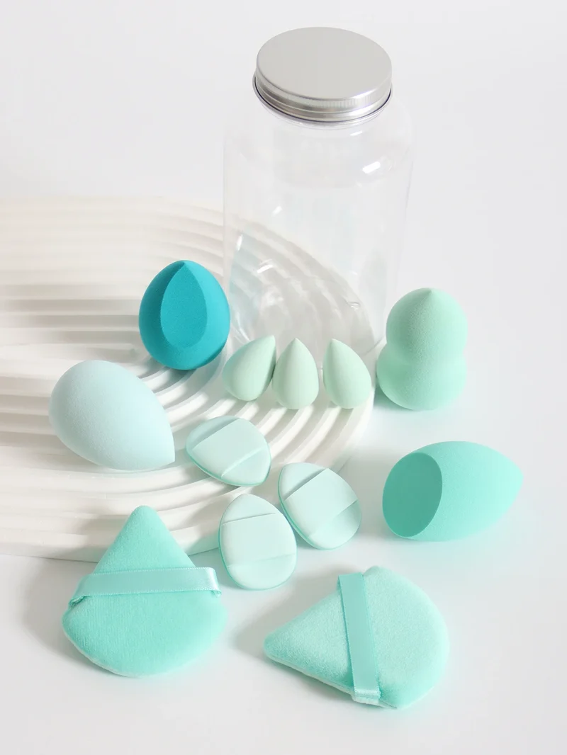 12Pcs Makeup Sponge Set with Storage Jar Latex-Free, Makeup Sponge Finger Puff, Dual-Use Wet & Dry Foundation Cosmetic Puffs