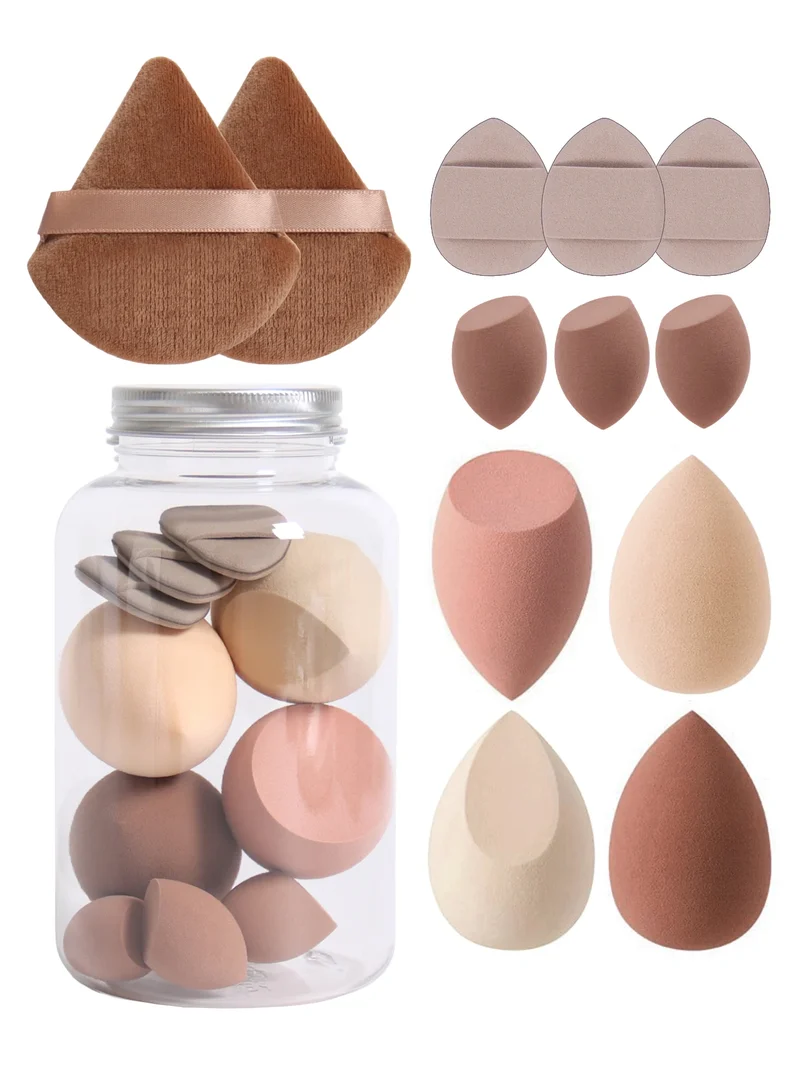 12Pcs Makeup Sponge Set with Storage Jar Latex-Free, Makeup Sponge Finger Puff, Dual-Use Wet & Dry Foundation Cosmetic Puffs