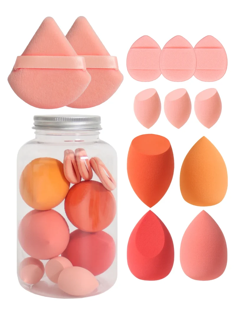 12Pcs Makeup Sponge Set with Storage Jar Latex-Free, Makeup Sponge Finger Puff, Dual-Use Wet & Dry Foundation Cosmetic Puffs