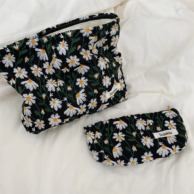 Cosmetic Bag Women Floral Makeup Case Organizer Korean Embroidery Cosmetic Pouch Travel Toiletry Bag Corduroy Canvas Beauty Case