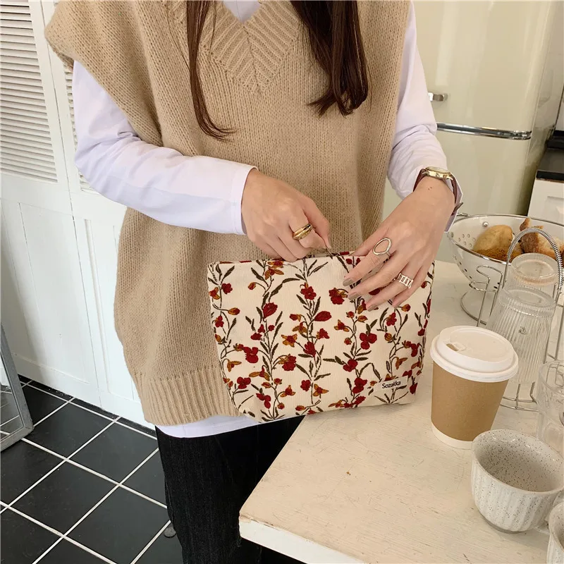 Cosmetic Bag Women Floral Makeup Case Organizer Korean Embroidery Cosmetic Pouch Travel Toiletry Bag Corduroy Canvas Beauty Case