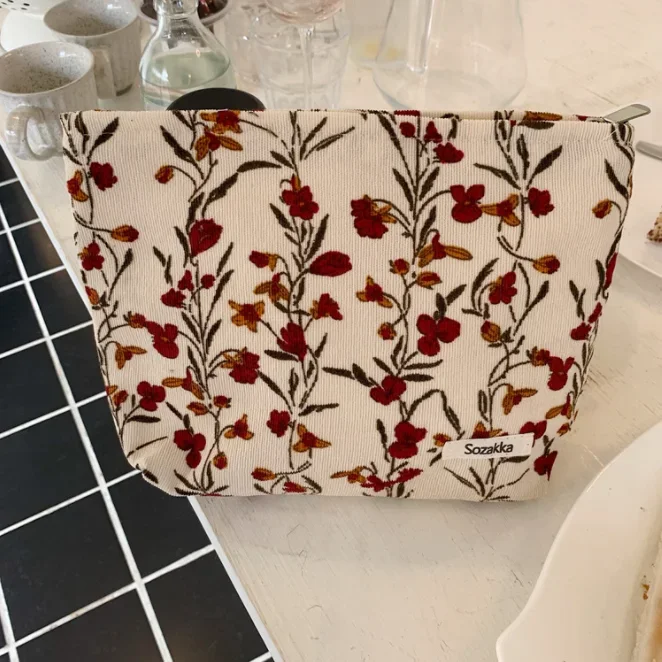 Cosmetic Bag Women Floral Makeup Case Organizer Korean Embroidery Cosmetic Pouch Travel Toiletry Bag Corduroy Canvas Beauty Case