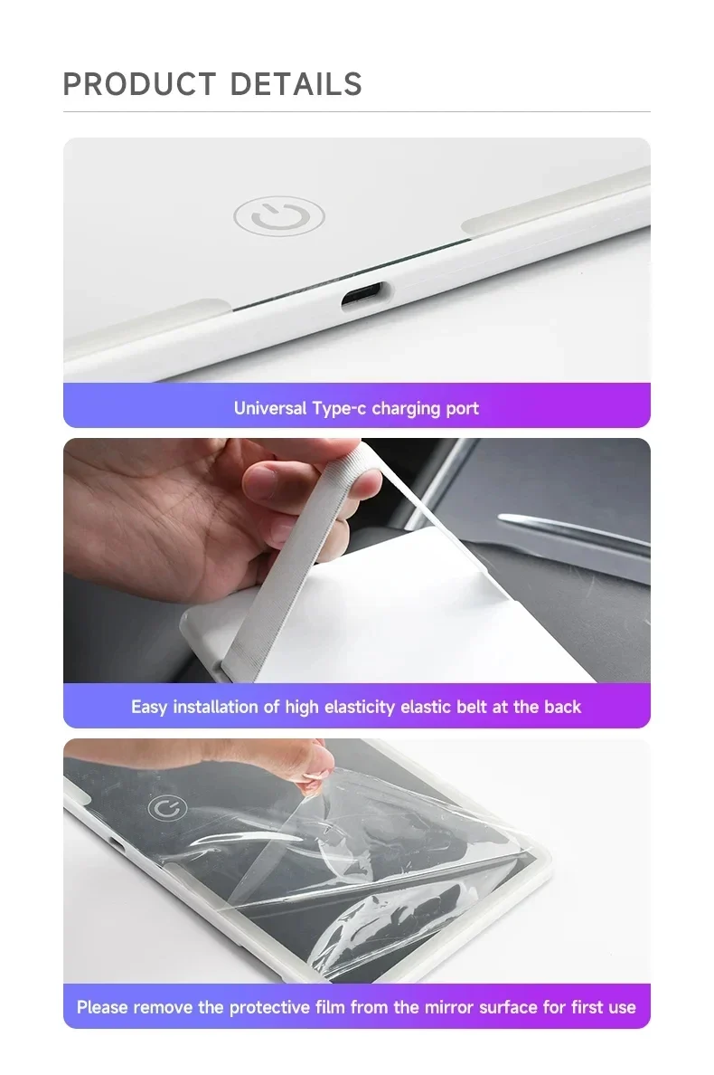 Car interior mirror, sun visor, LED high-definition makeup mirror, 3-mode touch screen adjustment,USBcharging,car makeup mirror