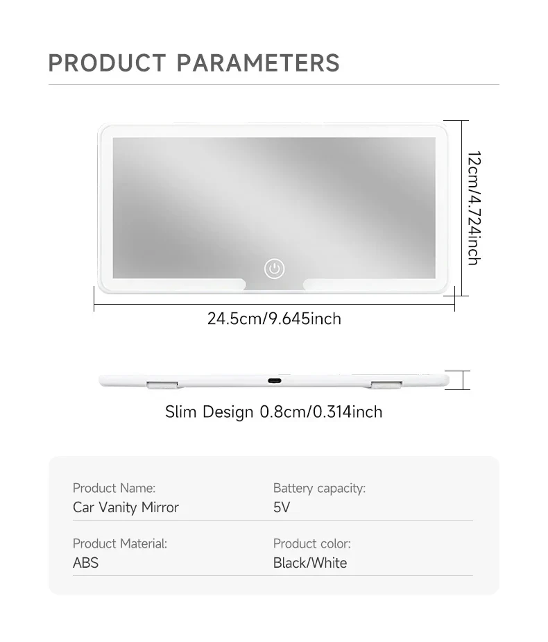 Car interior mirror, sun visor, LED high-definition makeup mirror, 3-mode touch screen adjustment,USBcharging,car makeup mirror