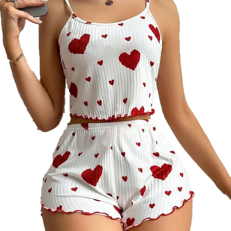 Women's Pajamas Set Sleepwear 2 PCS Short Tank Tops And Shorts S M L White Ventilate Soft Casual Love Printing