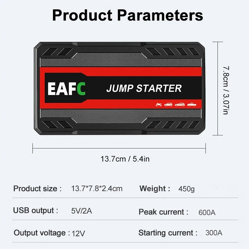 EAFC Car Jump Starter Power Bank Car Battery Starter 600A12V Auto Starting Device with LED Light For Auto Battery Booster Buster