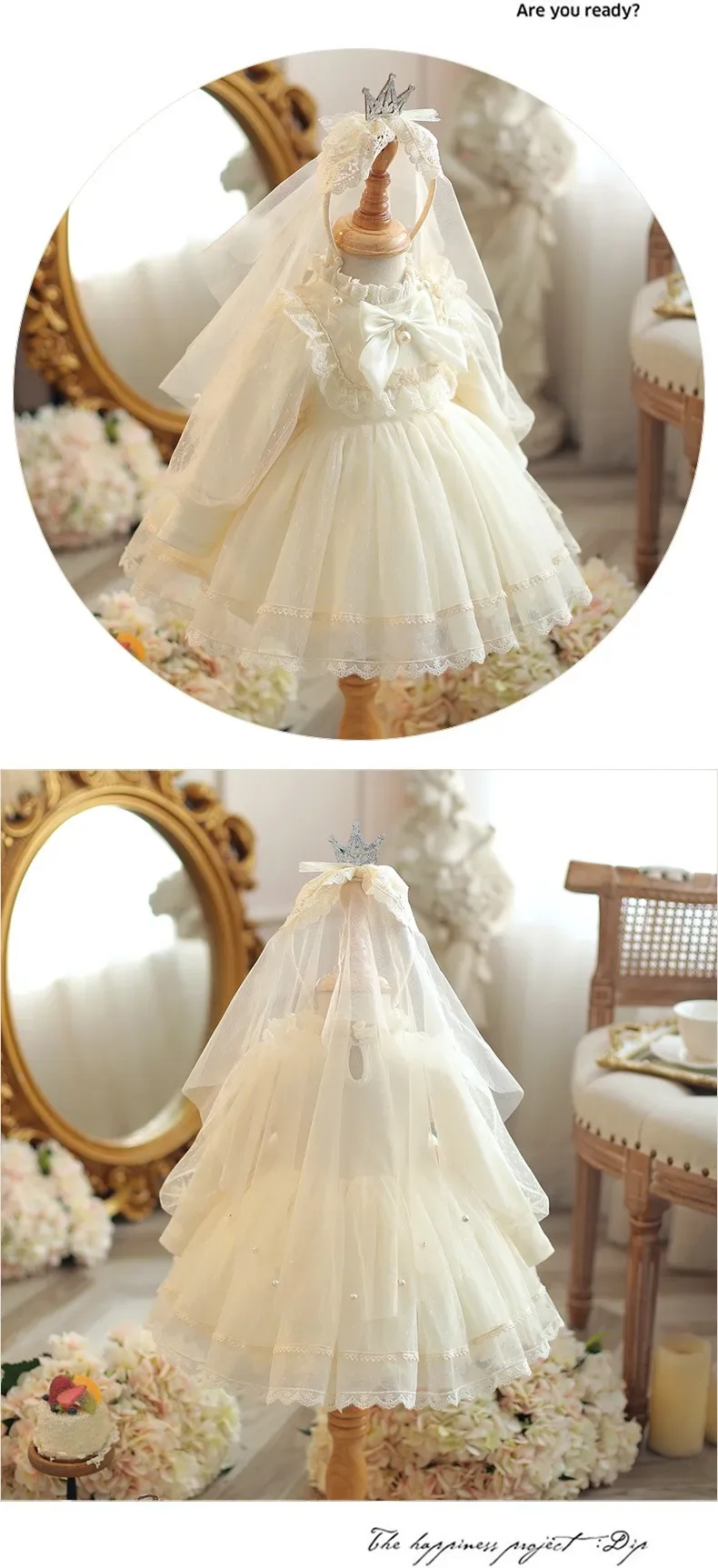 Girls Sweet and Lovely Ball Gown Princess Dress with Long Sleeves and Gauze Skirt Formal Style Baby Outfit Including Headbands