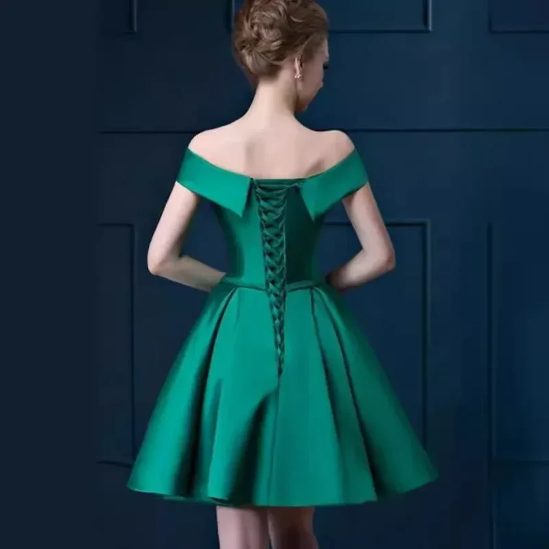 S-XXL Golden Off the Shoulder a Line Cocktail Dresses Lace up Satin Short Party Dresses Elegant Wedding Bridesmaid Evening Gown