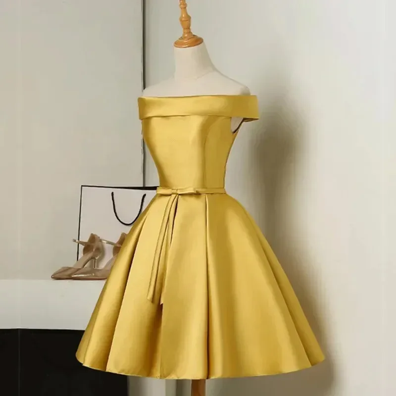 S-XXL Golden Off the Shoulder a Line Cocktail Dresses Lace up Satin Short Party Dresses Elegant Wedding Bridesmaid Evening Gown