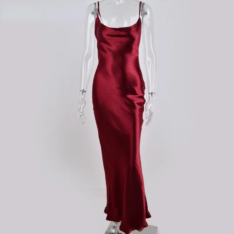Sexy Spaghetti Strap Backless Summer Dress Women Satin Lace up Trumpet Long Dress Elegant Bodycon Party Dresses 2021